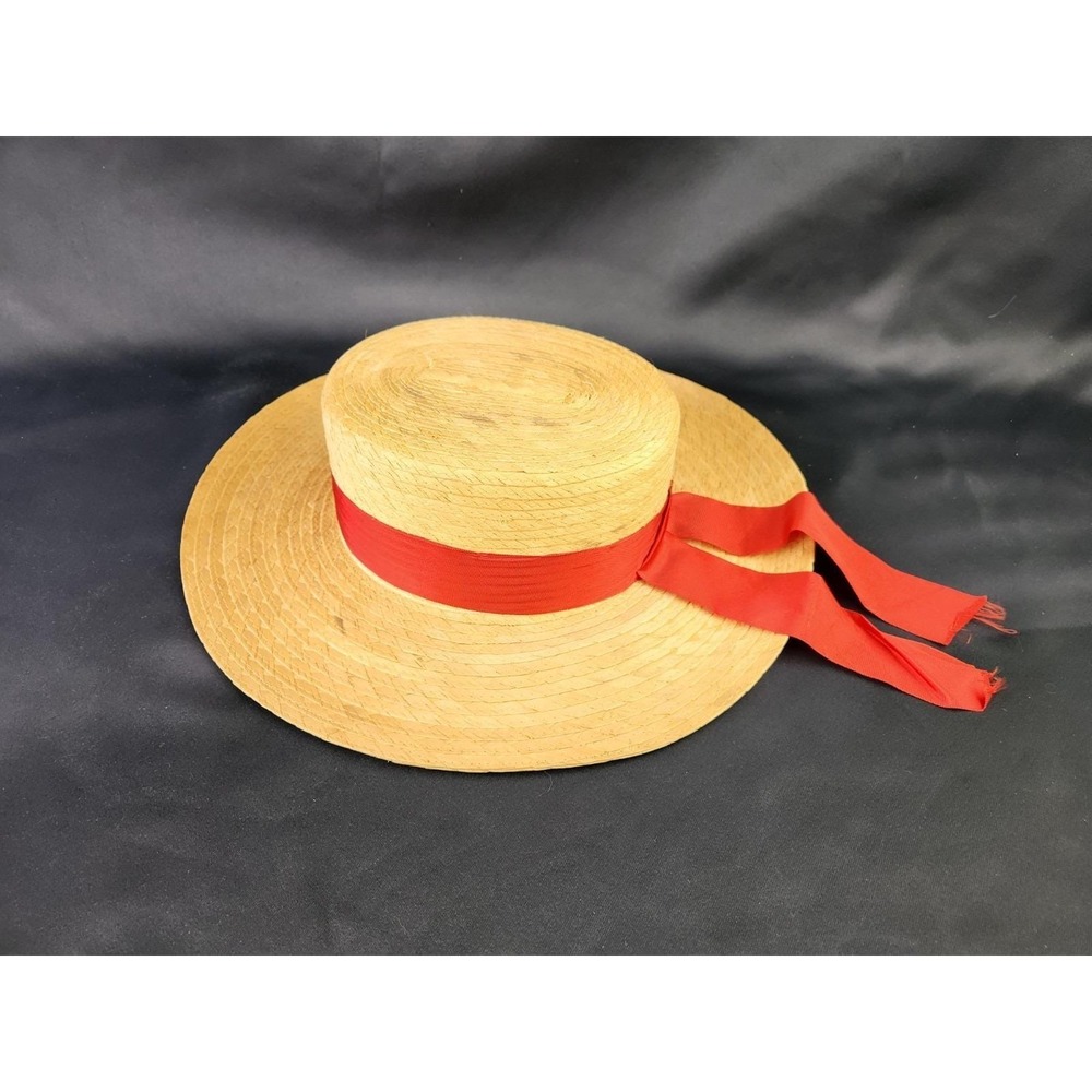 VTG Straw‎ Boater Skimmer Hat Made in Italy Unisex 6 7/8 Boating Red Ribbon Band